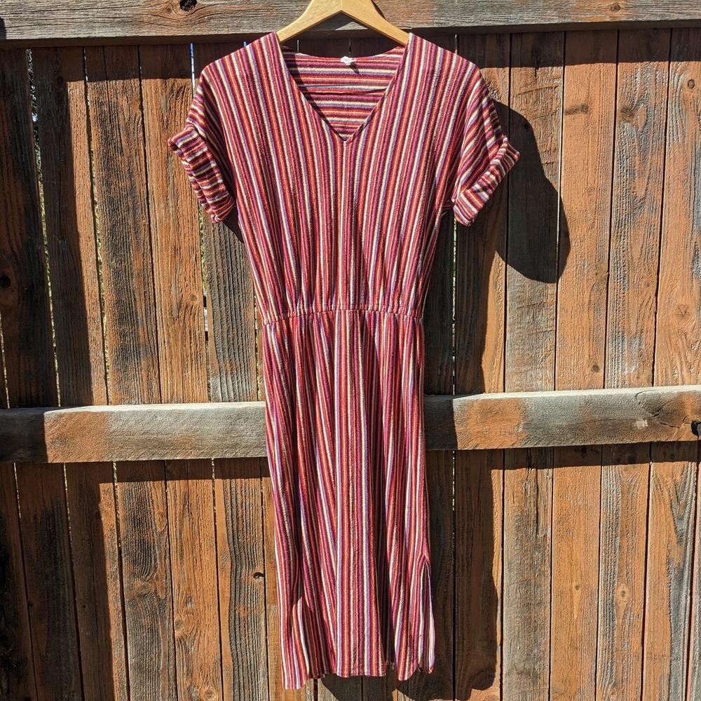 Vintage Rainbow Terry Cloth Dress S 70s V-Neck Boho Short Sleeve High Waist Midi